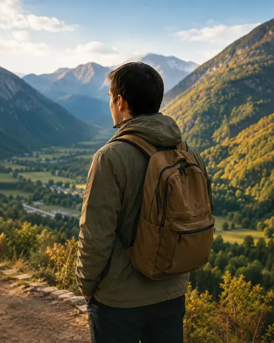 A teen looking out over a mountain valley