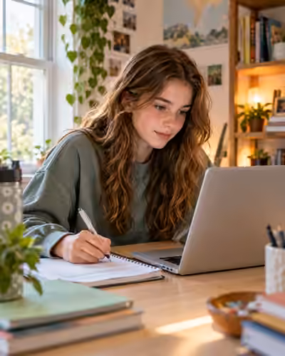A teenage girl using a laptop and taking notes at her desk at home