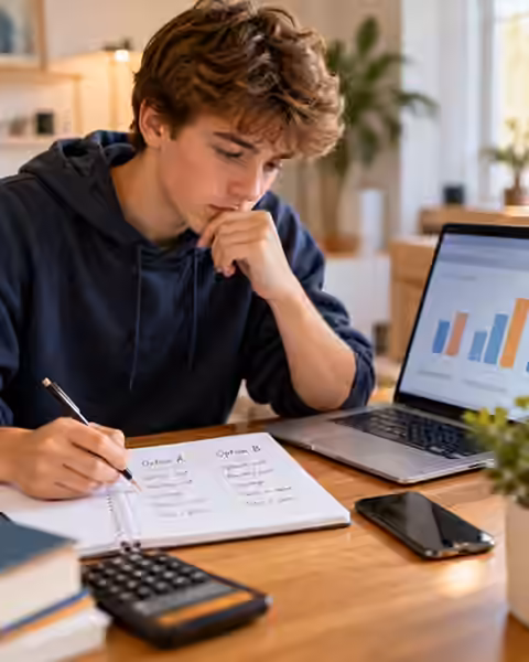 A teenager comparing costs, coverage, and options with a laptop, smartphone, calculator, and notebook