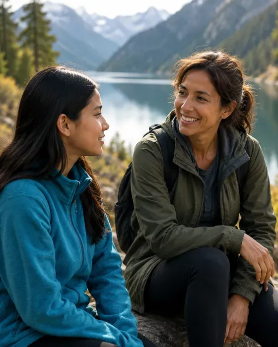 A mentor and a teen talking outdoors