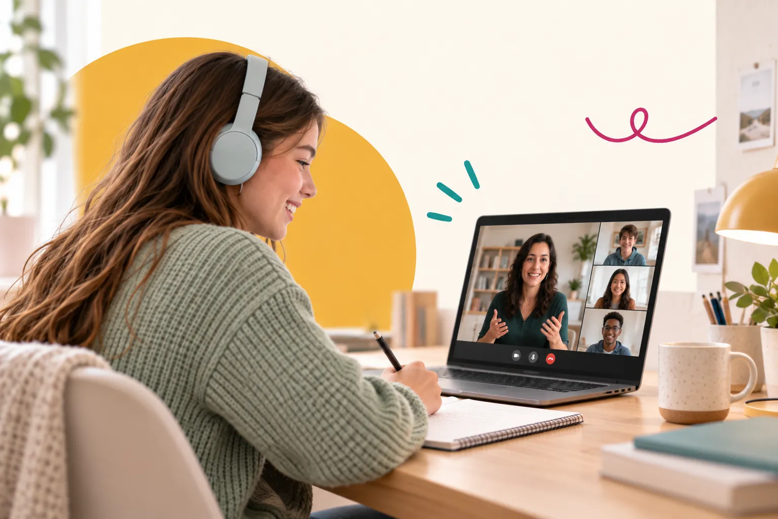 A teen in headphones follows a live online class with other students on a laptop