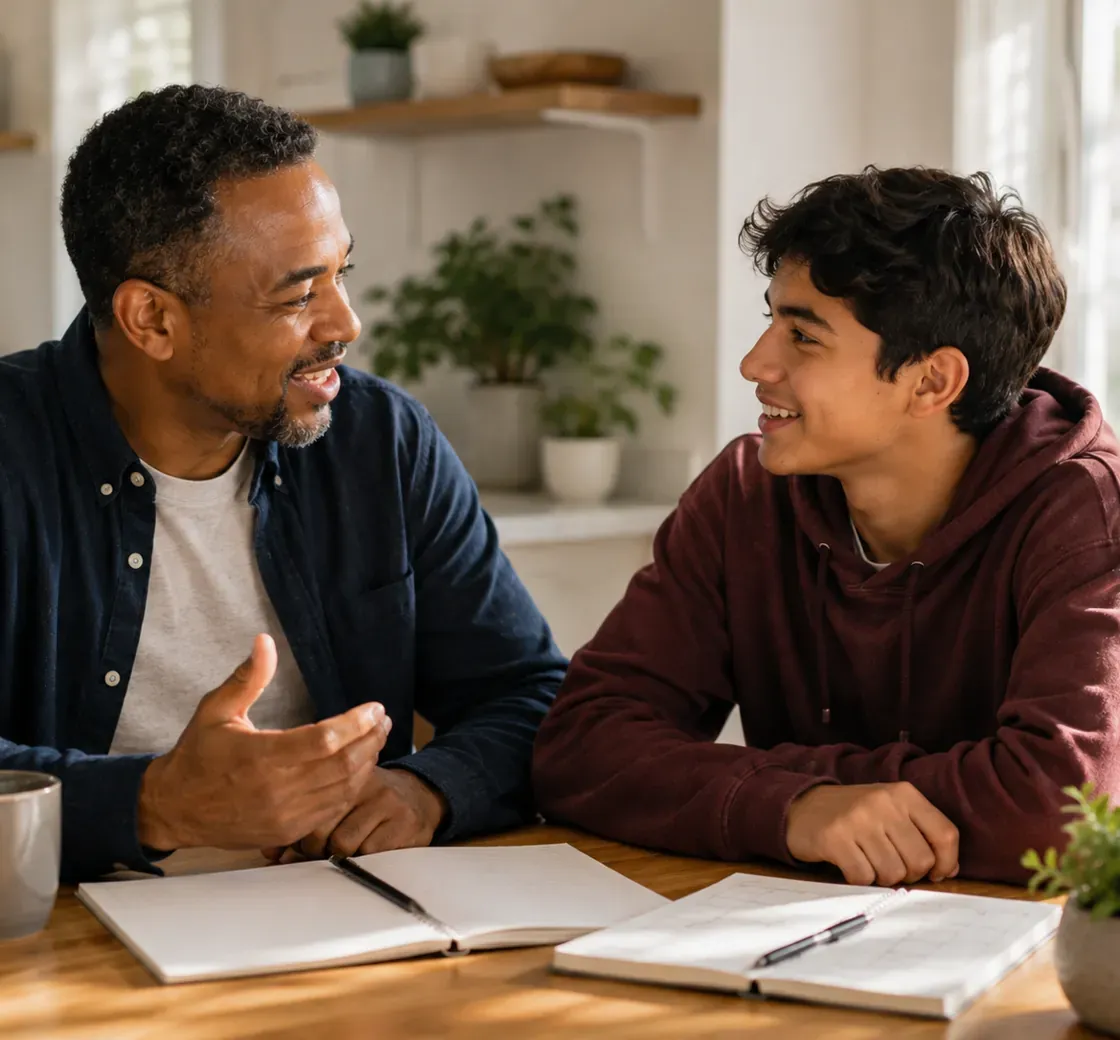 An adult mentor and a teen talking together at a table