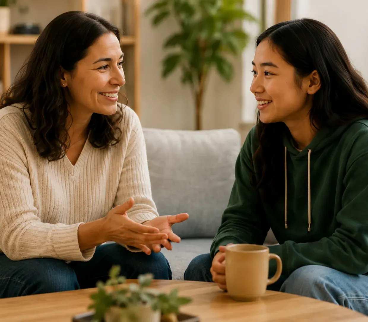 A mother and her teenage son sitting together on a sofa, smiling at each other