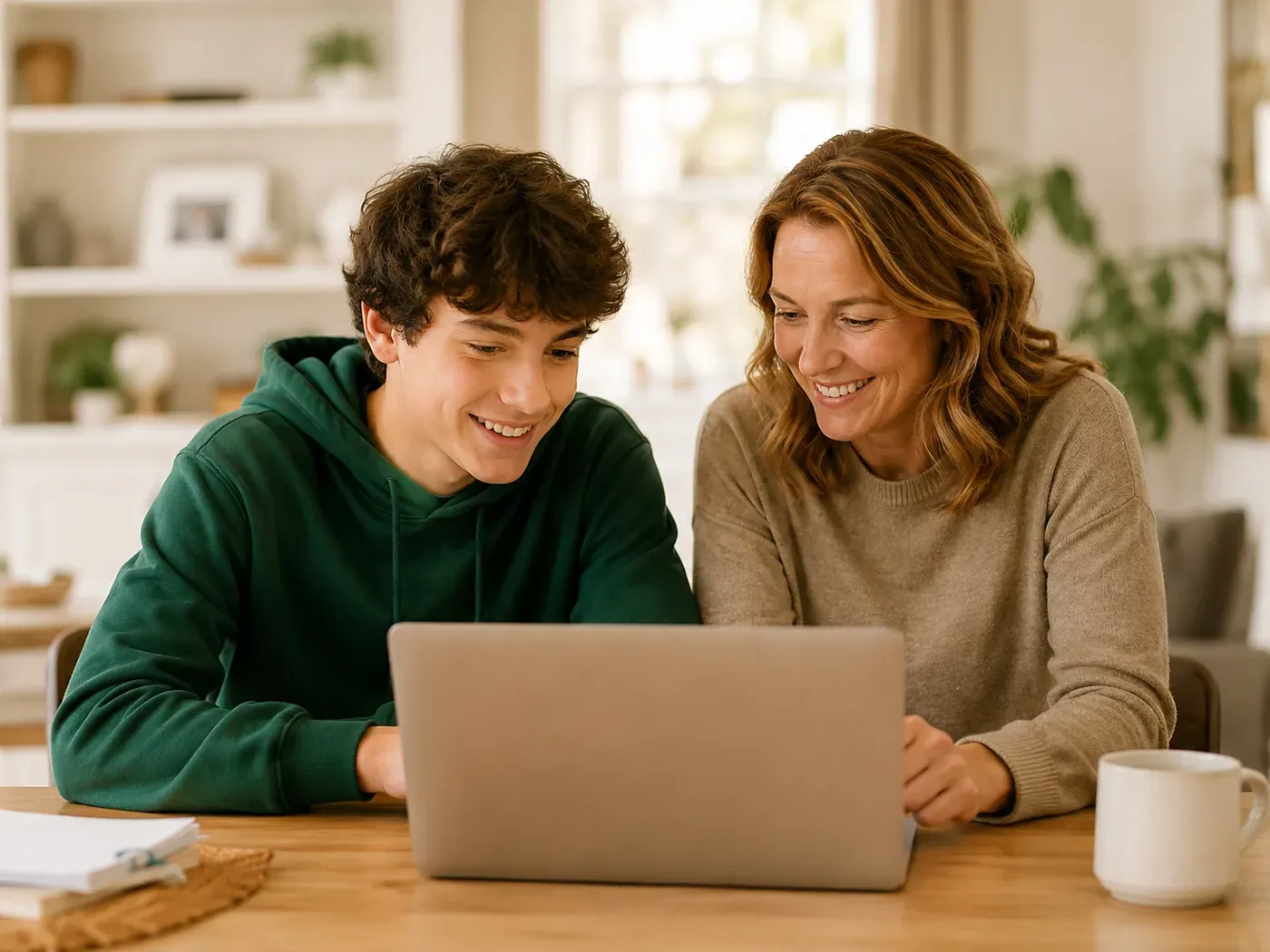 A parent and her teenage son looking at a laptop together