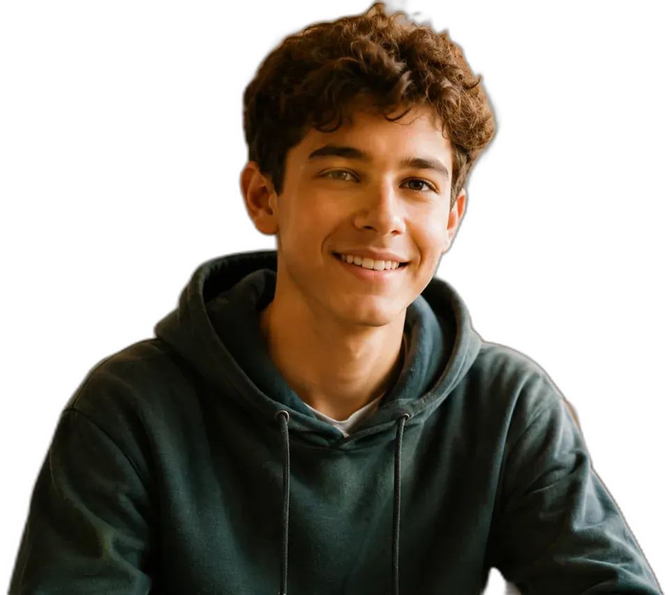 A smiling teenager in a dark hooded sweatshirt, leaning forward at a table