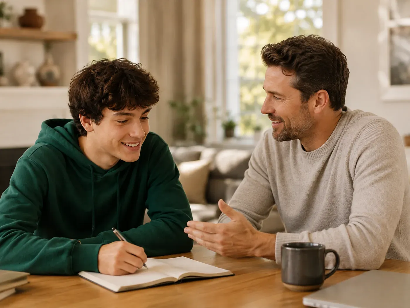 An adult mentor guiding a teen as he writes in a notebook