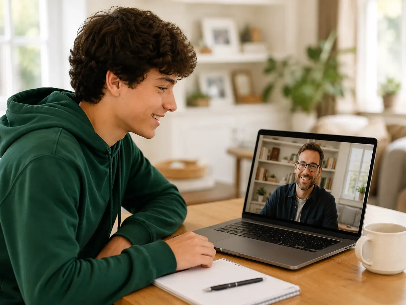 A teenager on a video call with his mentor, taking notes at a kitchen table