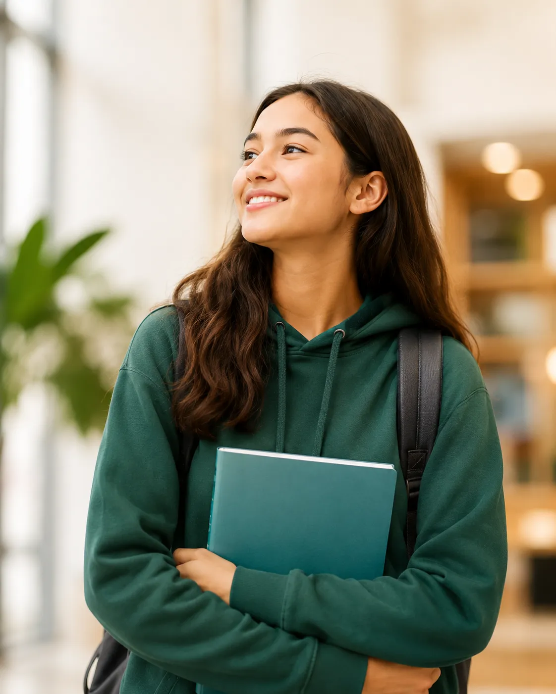 Confident student holding a notebook and wearing a backpack
